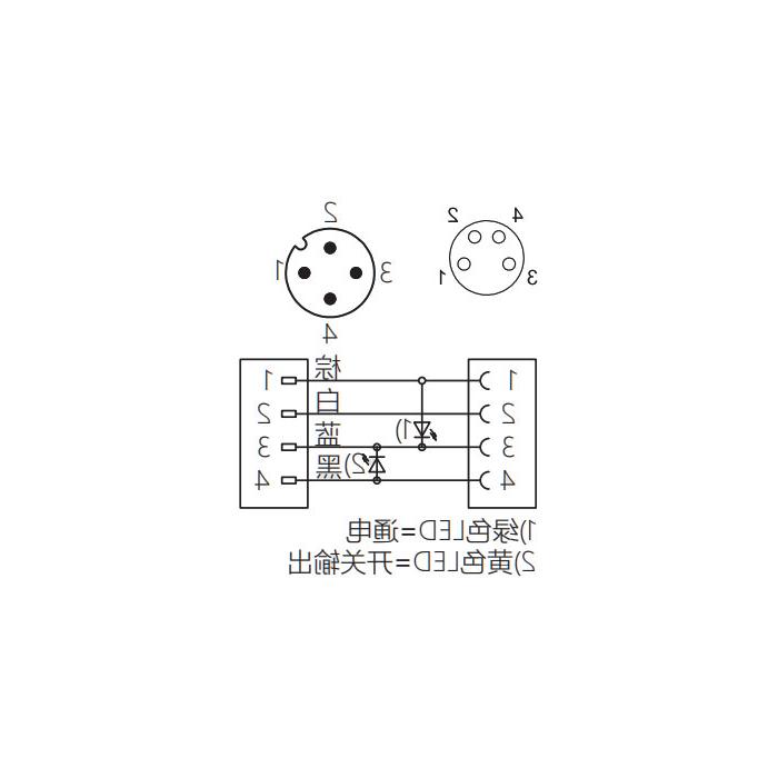 M8转M12 4Pin、M8母头90°带LED灯转M12公头直型、双端预铸PVC非柔性电缆、灰色护套、63D303-XXX